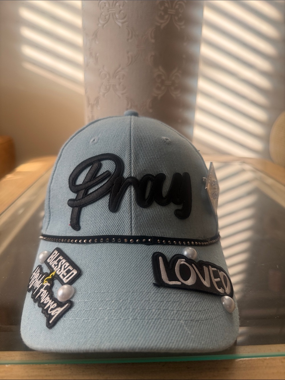 Light Blue Embellished 'Pray' Baseball Cap - Unbranded